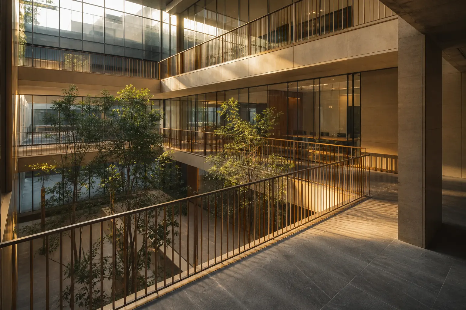 A quiet professional-services atrium in warm afternoon light