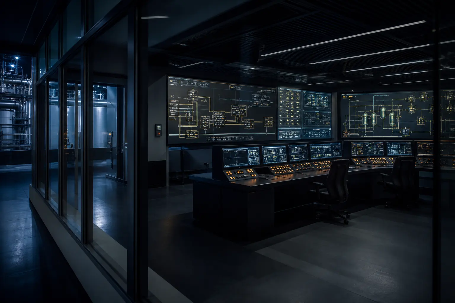 An industrial operations gallery with process consoles behind glass