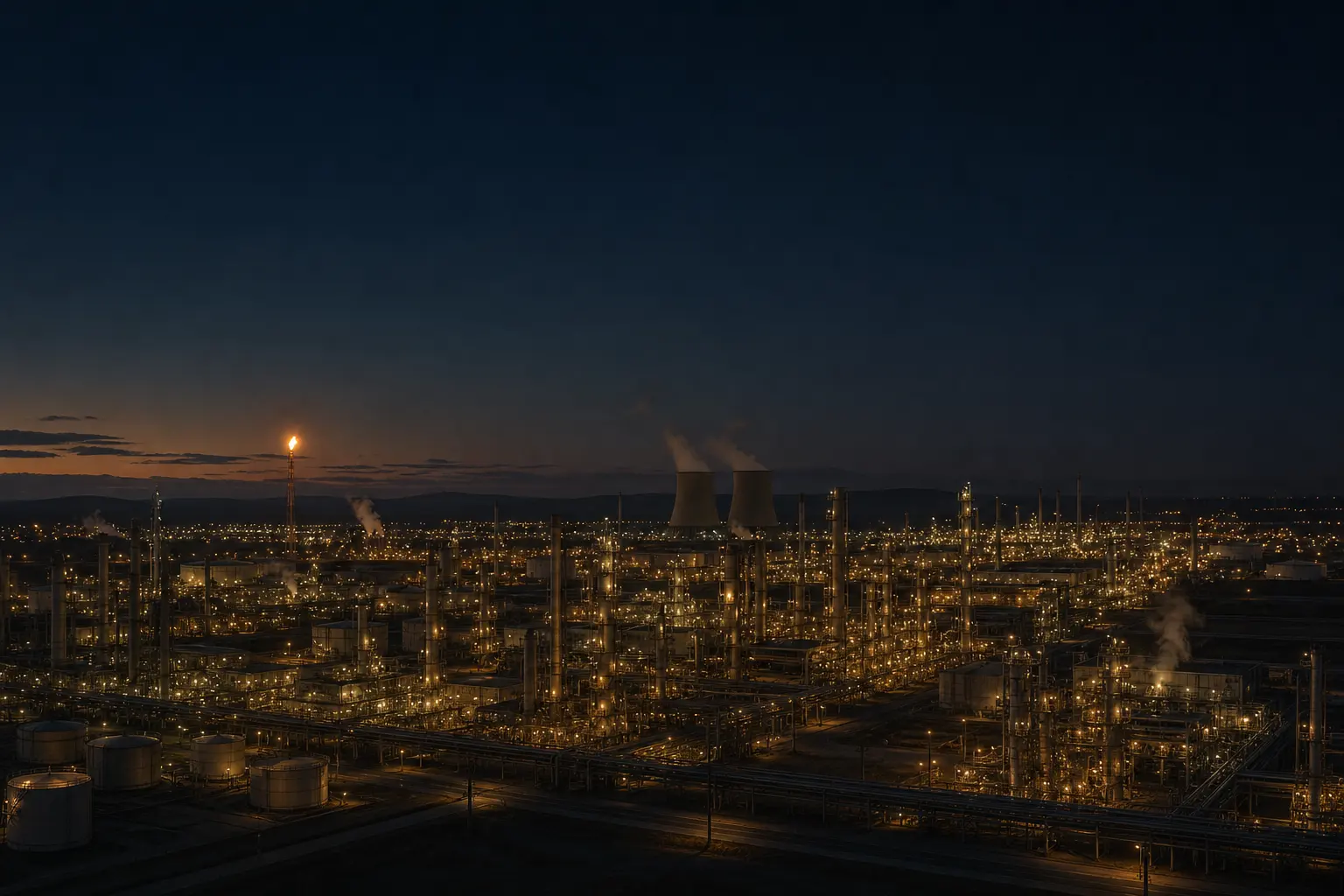 A vast energy industrial estate at dusk