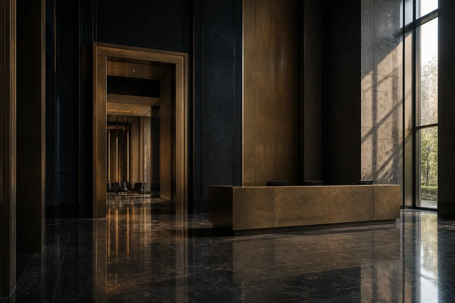 A quiet corporate lobby in dark stone and bronze