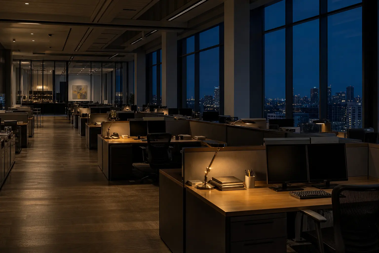 A quiet professional operations floor with long desks and tall windows