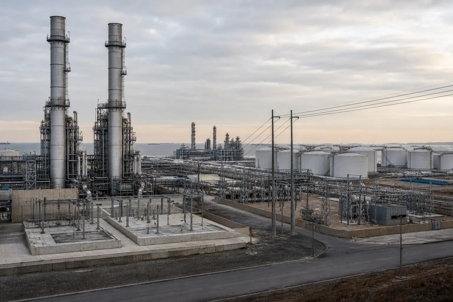 A large industrial plant and tank terminal in pale morning light, with twin stacks and dual feeders