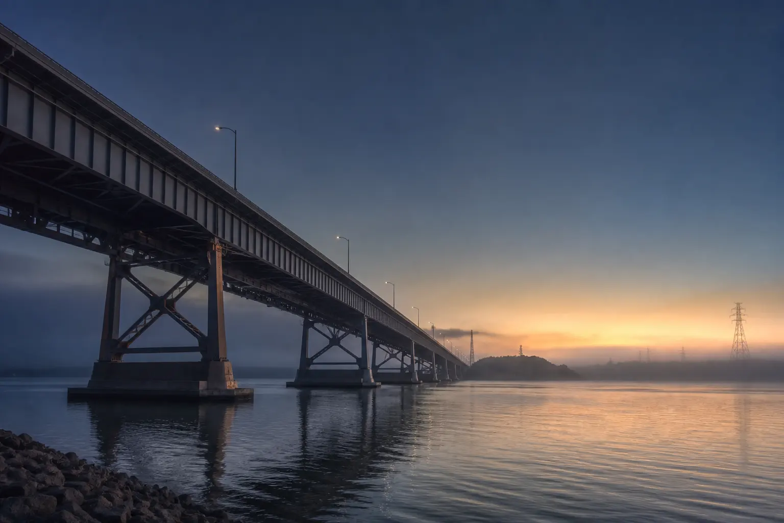 A steel bridge over water at dawn
