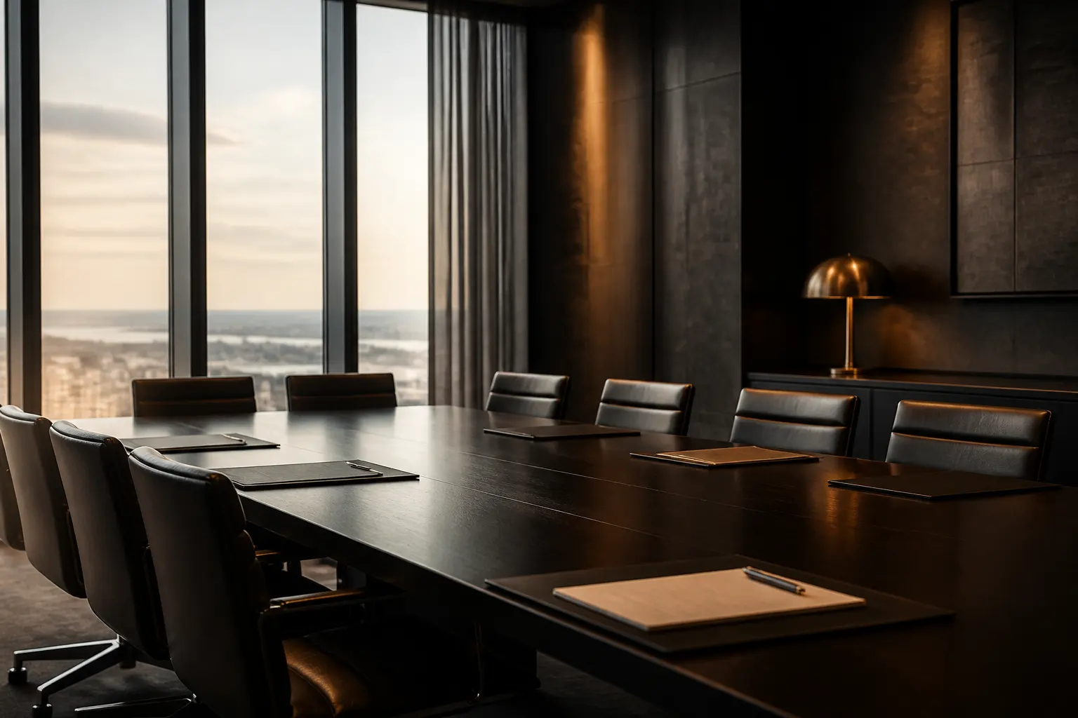 An empty executive boardroom with a long table and tall windows